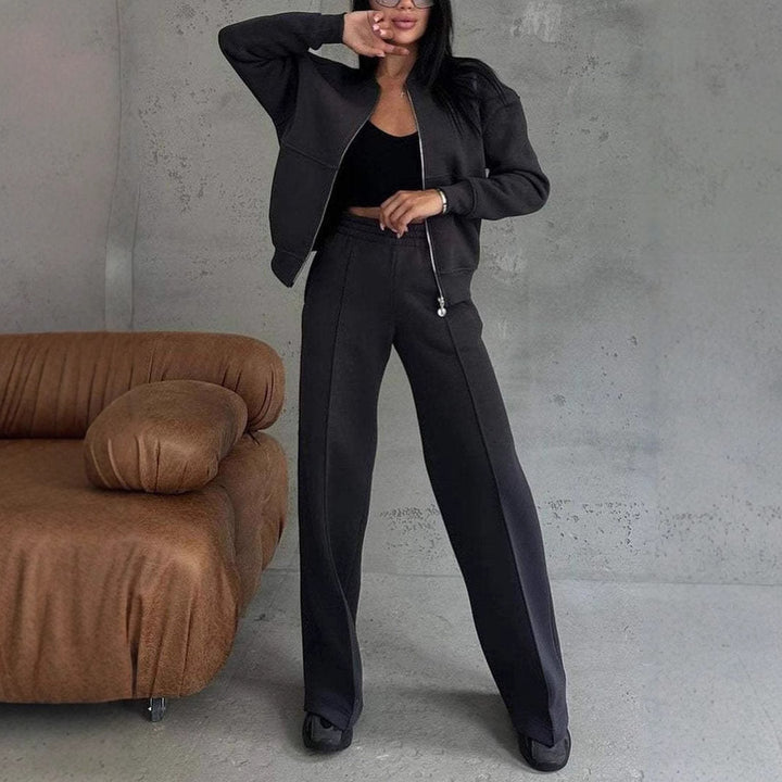 Women's Zipper Jacket Wide Leg Pants Two-piece Set-Suits & Sets-Zishirts