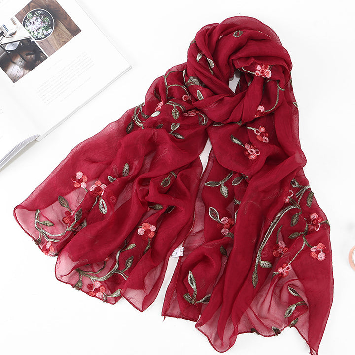 Women's Chiffon Flower Embroidered Silk Scarf Beach Shawl-Scarves & Wraps-Zishirts