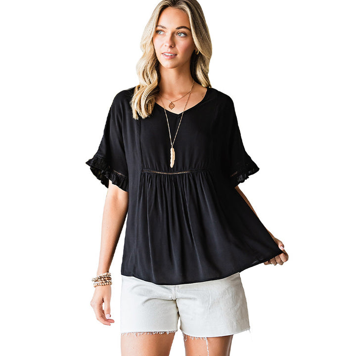 V-neck Ribbon Ruffle Top Women's Short-sleeved Pullover-Blouses & Shirts-Zishirts