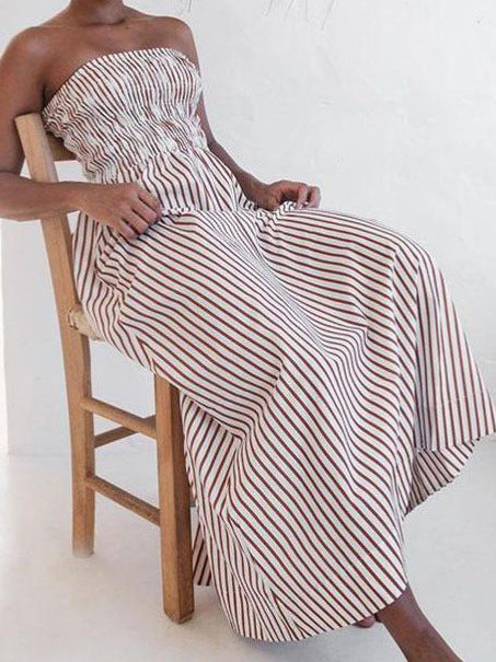 Striped Strapless Dress Pleated High Waist-Womens 2024 March-Zishirts