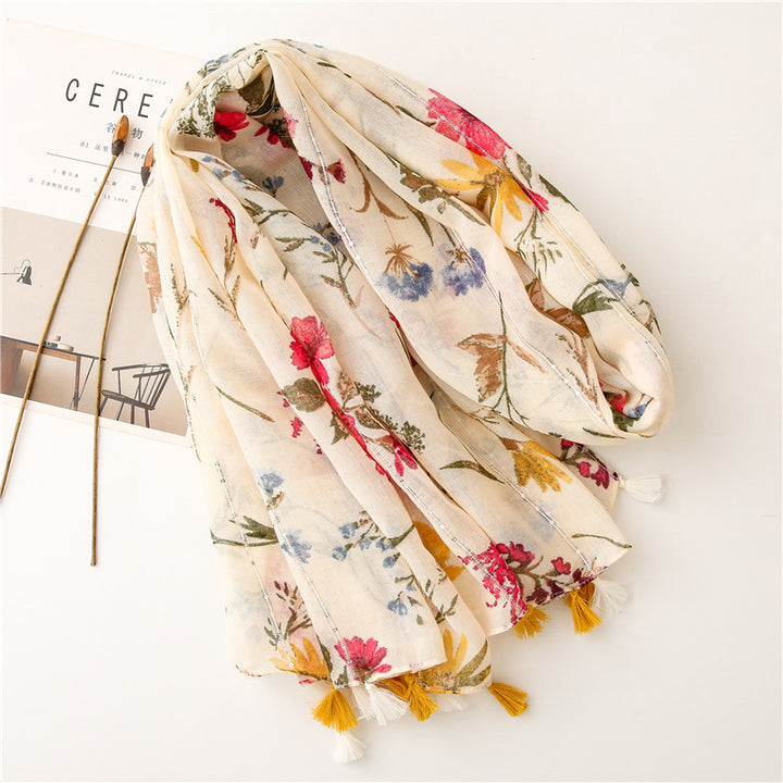 Retro Style Rice Coffee Flower With Sequin Scarf Travel Sunscreen Long Style-Scarves & Wraps-Zishirts