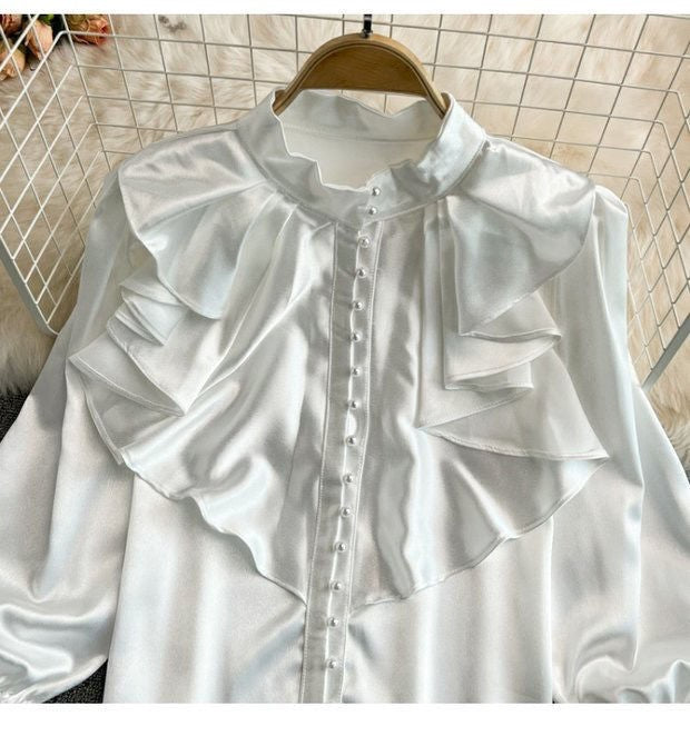 Bell Sleeve Stand Collar Acetate Satin Shirt French Style Design Loose Top For Women-Blouses & Shirts-Zishirts