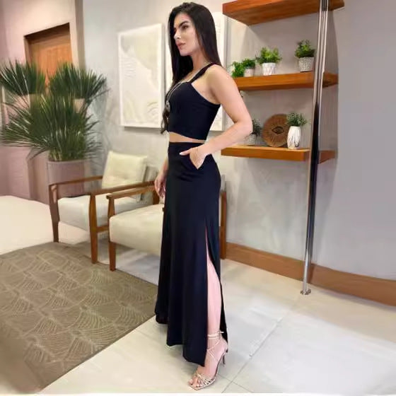 Women's Solid Color Crop-top Spaghetti-strap Top High Waist Long Skirt Sets-Womens 2024 March-Zishirts