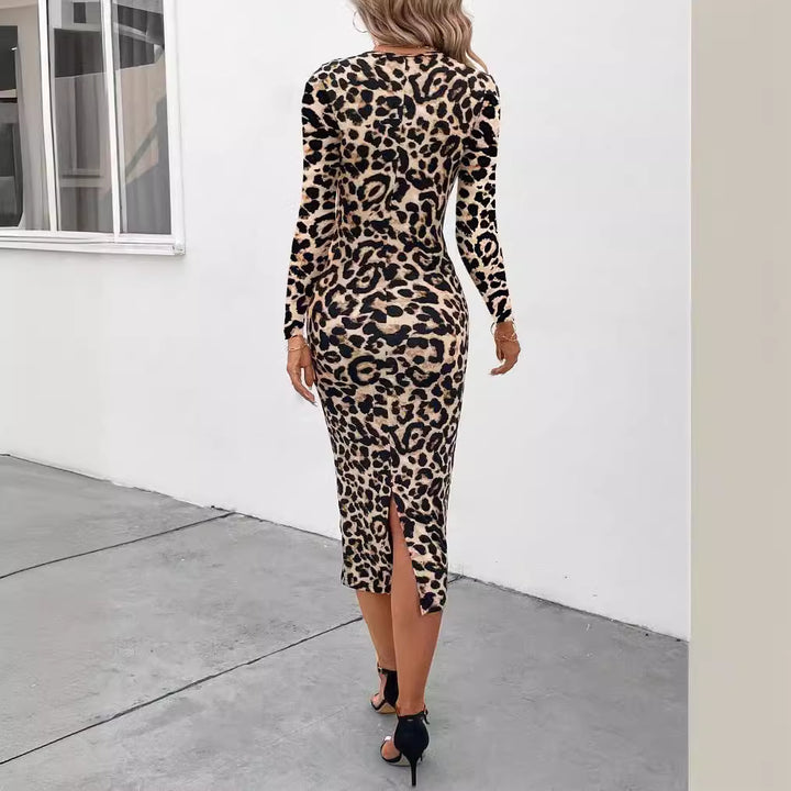 Printed Leopard Print Round Neck Cashmere Long Sleeve Slim Fit Dress-Lady Dresses-Zishirts