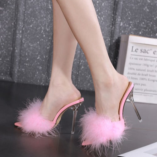 Pointed Toe Feather Stiletto Sandals-Womens Footwear-Zishirts