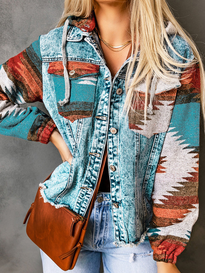 Western Style Denim Stitching Hooded Jacket Multi-color Printed Frayed Hem Jacket-Jackets-Zishirts