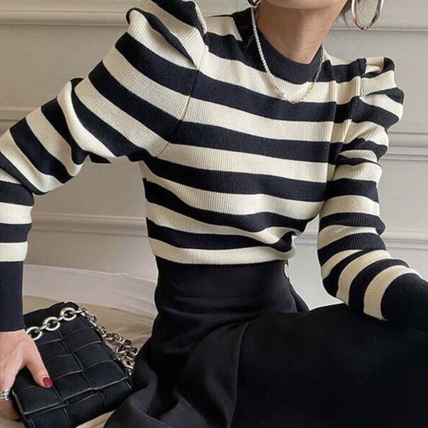 Autumn Retro Simple Round Neck Collar Collision Color Striped Design Knitwear-Sweaters-Zishirts