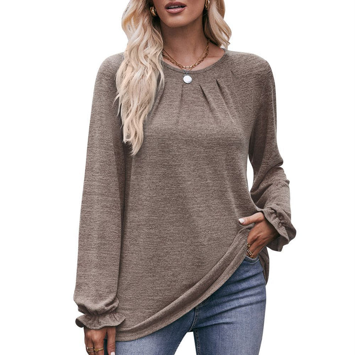 Autumn Women's Casual Round Neck Pleated Brushed T-shirt Long Sleeve Top-Blouses & Shirts-Zishirts