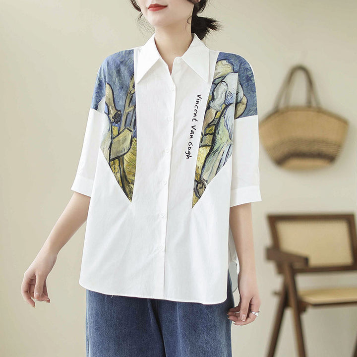 Cotton And Linen Large Size Loose Stitching Short Sleeve Shirt-Blouses & Shirts-Zishirts