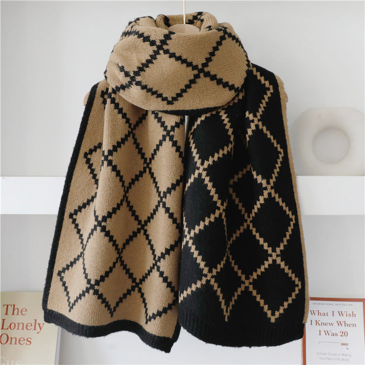 Women's Fashionable Diamond Check Reversible Faux Cashmere Scarf-Scarves & Wraps-Zishirts