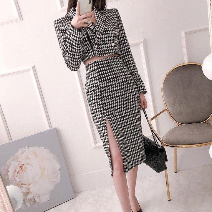 Slim Fit Houndstooth Coat Women-Suits & Sets-Zishirts