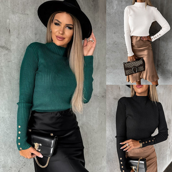 Turtleneck Striped Sweater Cuff Top-Sweaters-Zishirts