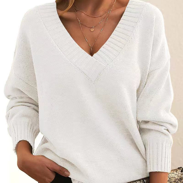 New Knitted Pullover Top For Women Loose V-neck Casual All-matching Sweater-Sweaters-Zishirts