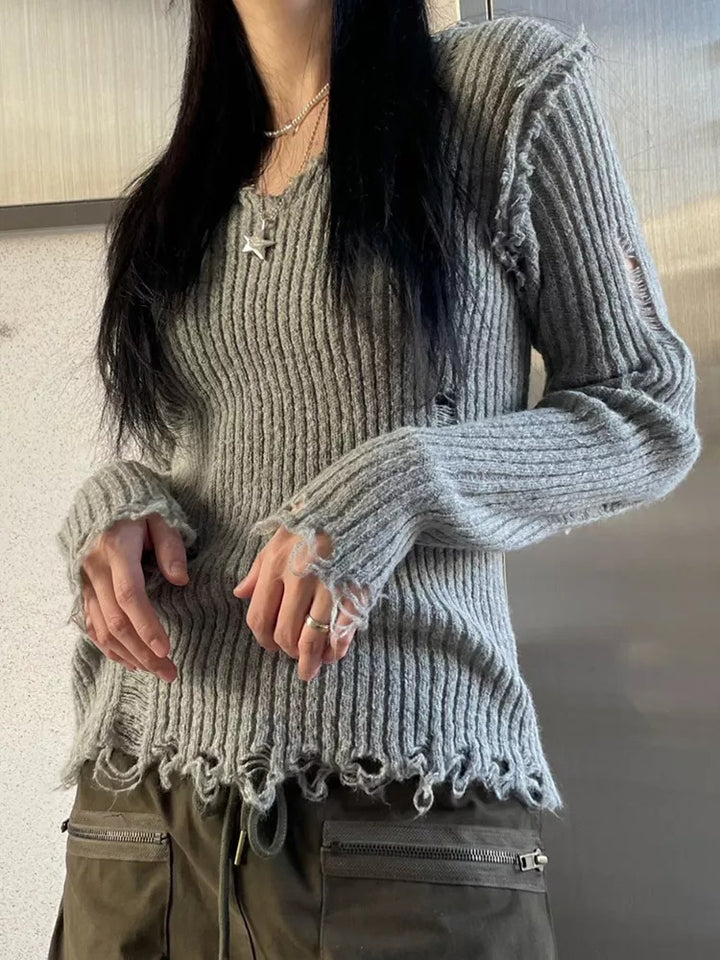 New Elegant V-neck Hand Frayed Long-sleeved Bottoming Sweater-Sweaters-Zishirts