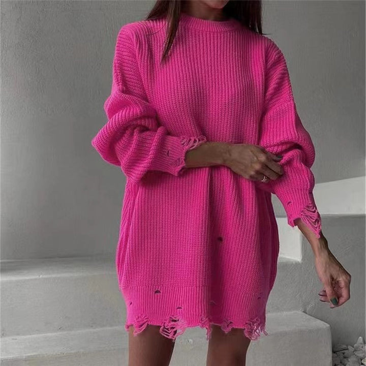 Solid Color Round Neck Long Sleeve Burrs Loose Knitted Pullover-Women's Outerwear 2023-Zishirts