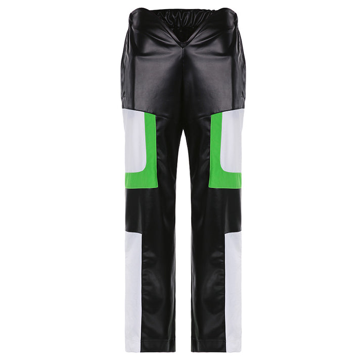 Locomotive Style Leather Contrast Color Leather Pants V-shaped-Suits & Sets-Zishirts