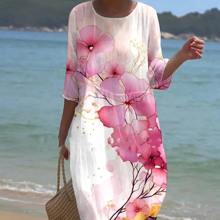 Spring And Summer Floral Print Round Neck Dress-Womens 2024 March-Zishirts