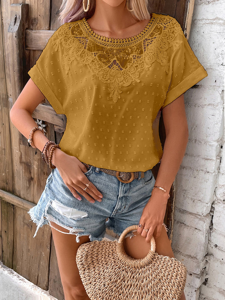 Lace Ruffled Short Sleeves T-shirt Loose All-matching Top-Blouses & Shirts-Zishirts