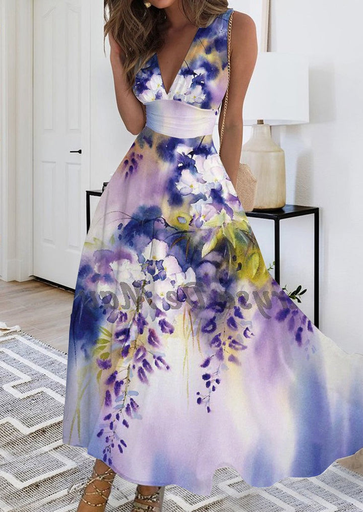 2023 Summer New V-neck Fashion Digital Printing Maxi Dress-Womens 2024 March-Zishirts