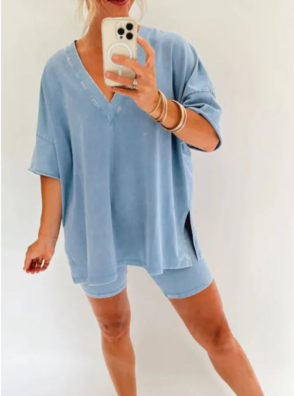 Women's V-Neck Denim-like Short-sleeved T-shirt Casual Shorts Suit-Suits & Sets-Zishirts