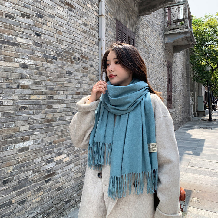 250g Solid Color Artificial Cashmere Scarf Thickened Warm Tassel Monochrome Shawl-Scarves & Wraps-Zishirts