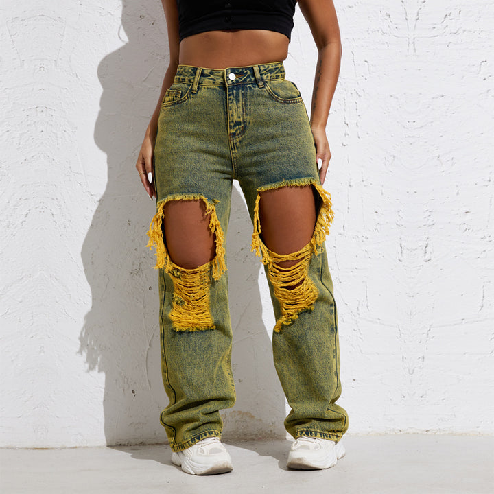 Shascullfites Melody Yellow Wash Streetwear Split Loose Straight Jeans Y2K Ripped Retro Women Denim Pants-Woman Jeans-Zishirts