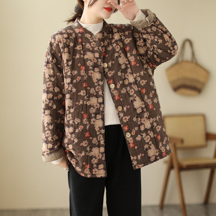 Floral Stand Collar Loose And Warm Cotton-padded Coat-Jackets-Zishirts