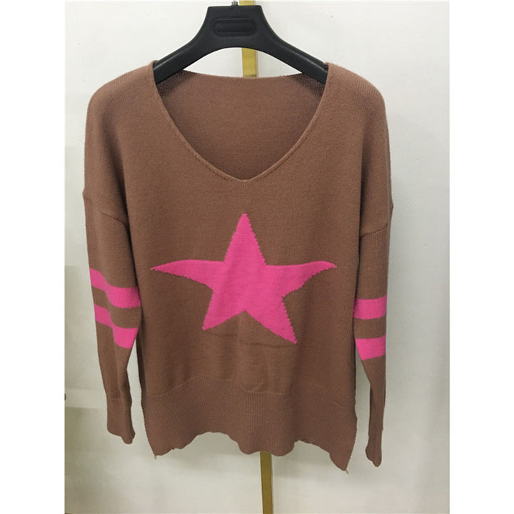 European And American Knitted Five-pointed Star Split Pullover Long Sleeve V-neck Winter Clothing Jacket-Women's Outerwear 2023-Zishirts