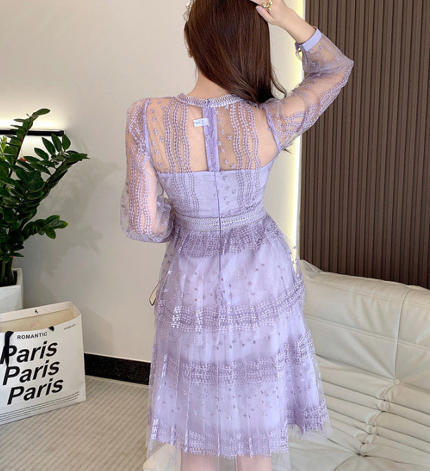 Lilac Purple Lace Stitching Mesh Embroidered Long Sleeve Round Neck See-through Dress-Womens 2024 March-Zishirts