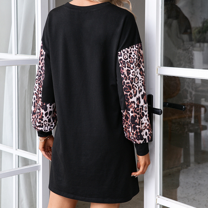 Leopard Print Contrast Color Stitching Long Sleeve Crew Neck Pullover Sweatshirt-Blouses & Shirts-Zishirts