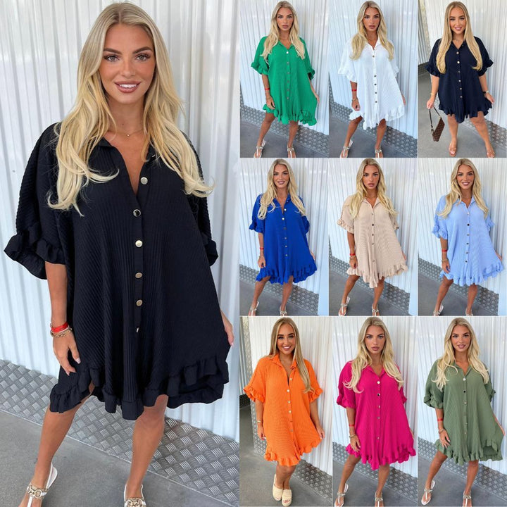 Summer Solid Color Shirt Dress Ruffle Sleeve Irregular Shirt Dress-0-Zishirts