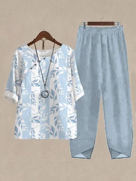 Casual Round Neck Half Sleeve Digital Printing Top Two-piece Set-Suits & Sets-Zishirts