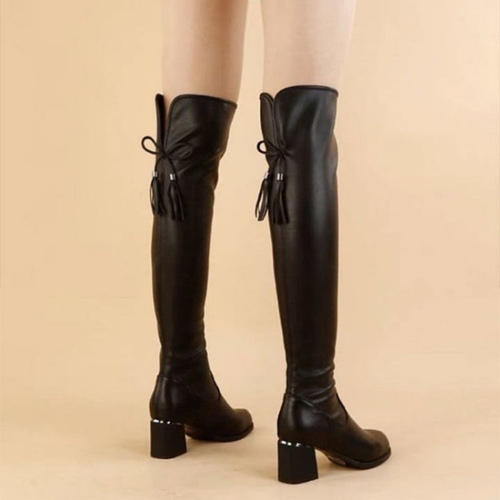 Rubber High-heeled Thigh Boot Fashion Boots Round Toe Winter-Womens Footwear-Zishirts