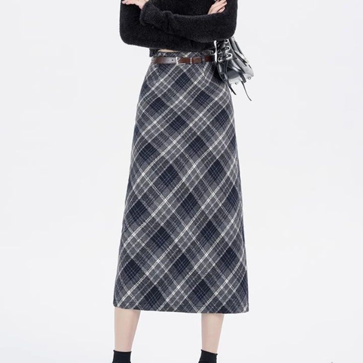 High Waist Mid-length Woolen Plaid Skirt For Women-Women's Outerwear 2023-Zishirts