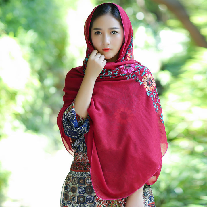 Ethnic Style Embroidered Floral Scarf Shawl Sunscreen Silk Female-Scarves & Wraps-Zishirts