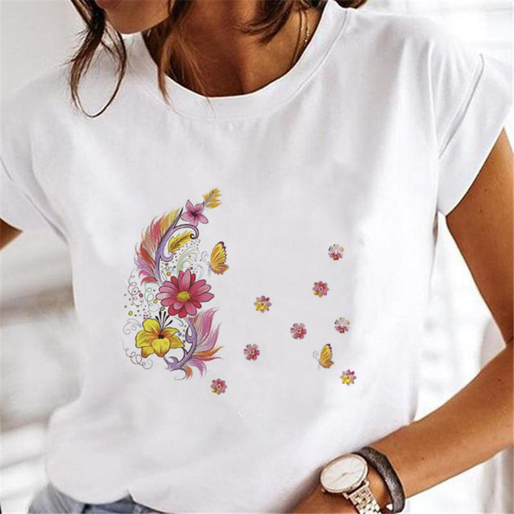 Feather Fashion Print Round Neck Sports Short Sleeve-Womens 2024 March-Zishirts