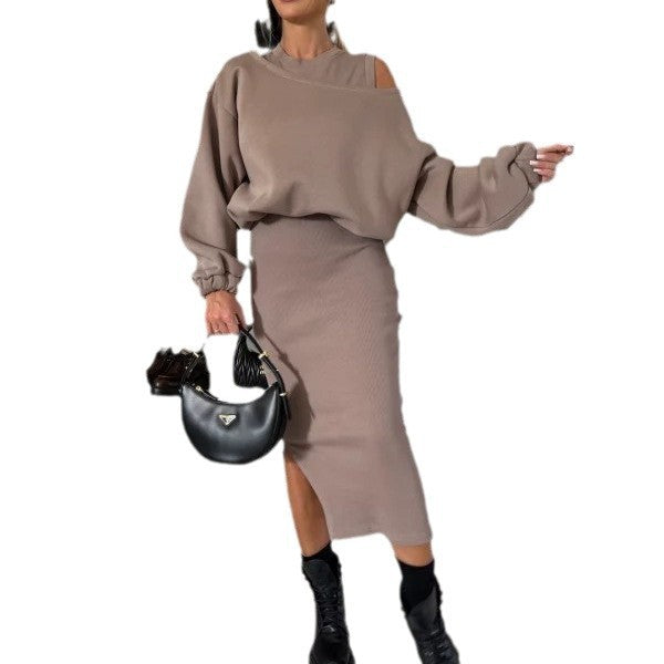 Off-neck Batwing Sleeve Short Sweater Vest Long Skirt Suit-Suits & Sets-Zishirts