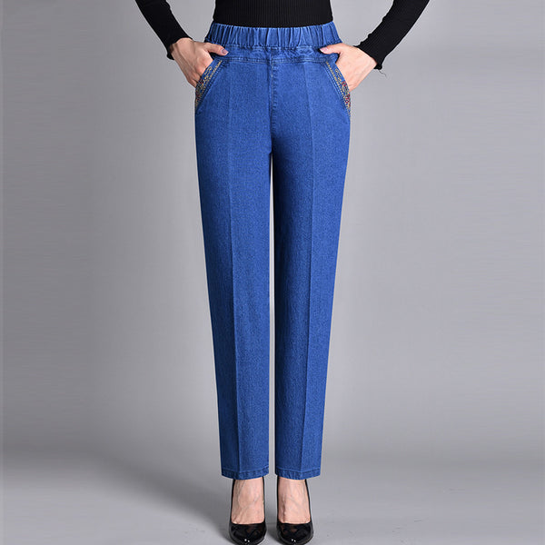 Thin Elastic High Waist Denim Straight-leg Trousers-Woman Jeans-Zishirts