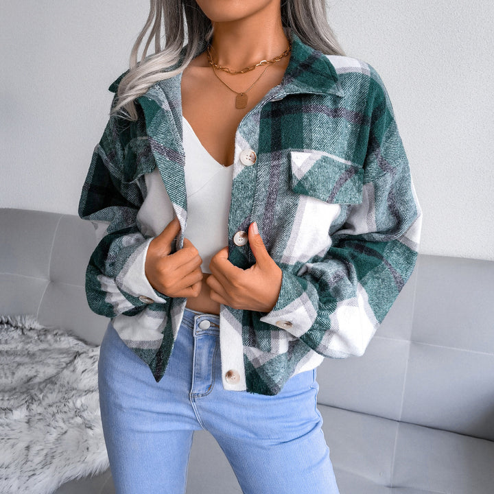 Plaid Lapel Cropped Jacket Fashion Loose Button Long Sleeve Short Outwear Tops Coat For Womens Clothing-Jackets-Zishirts