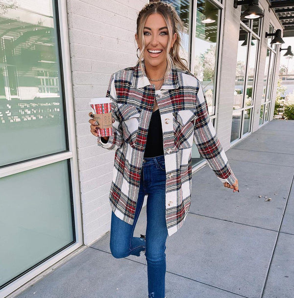 Long Sleeve Loose Women Plaid Coat-Jackets-Zishirts