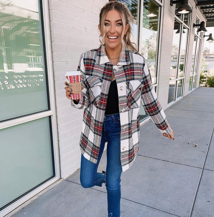 Long Sleeve Loose Women Plaid Coat-Jackets-Zishirts