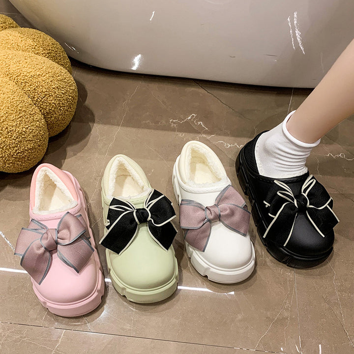 Bowknot Cotton Slippers Warm With Velvet Waterproof Home Indoor Platform Cotton Shoes-Womens Footwear-Zishirts