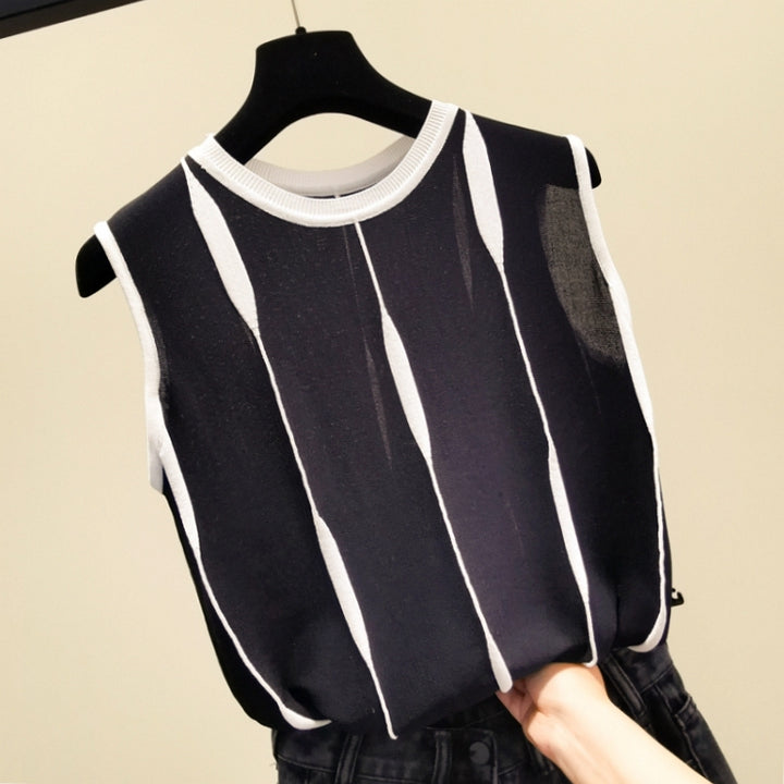 Women's Contrast Color Striped Vest Outer Wear-Sweaters-Zishirts