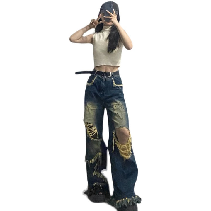 Oversized American Vintage Tassel Distressed Jeans-Women's Outerwear 2023-Zishirts