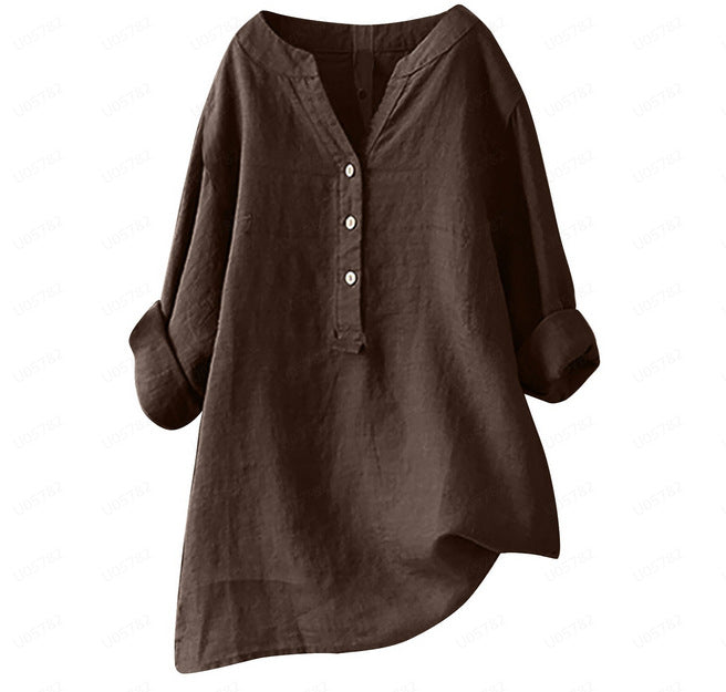 Loose Solid Color Cotton And Linen Top Shirt-Blouses & Shirts-Zishirts