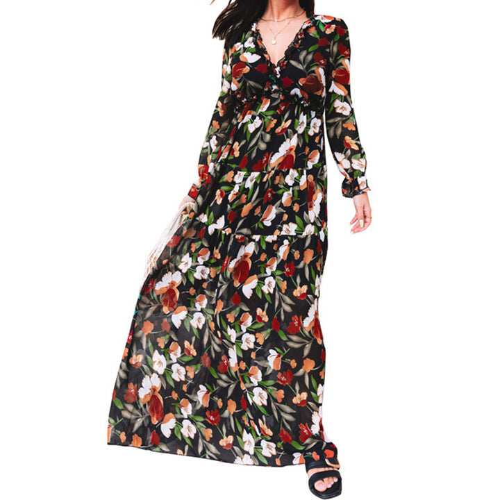 Printed Long Sleeve Dress Women's V-neck Loose-Women's Outerwear 2023-Zishirts