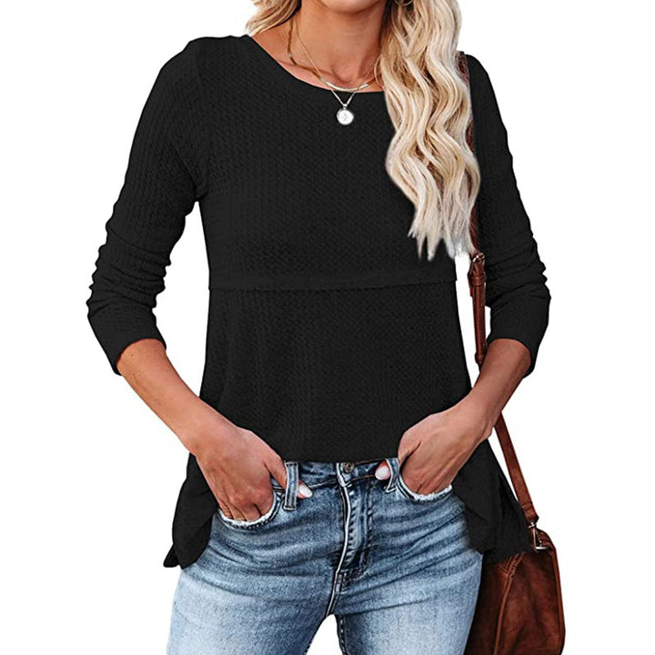 Women's Waffle Fashion Back Hollow Round Neck Long Sleeve Top-Suits & Sets-Zishirts