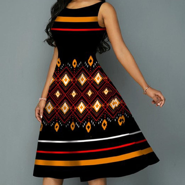 Women's Printed Striped Round Neck Knitted Dress-Womens 2024 March-Zishirts