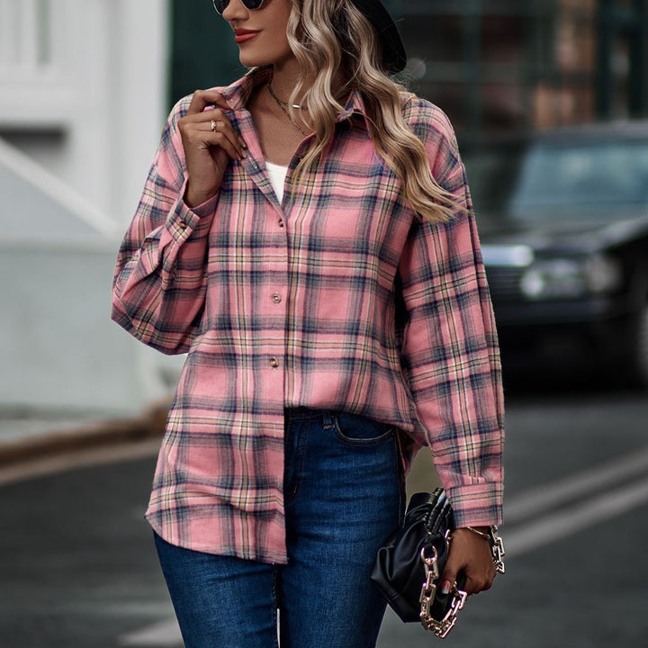 Women's New Casual Loose Boyfriend Plaid Shirt-Blouses & Shirts-Zishirts