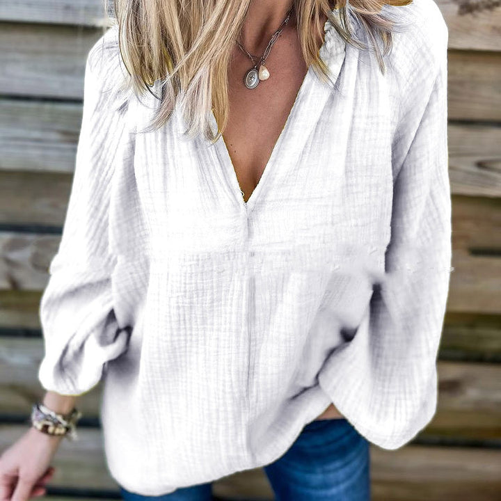 Solid Color Casual Loose Long Sleeve Shirt Top-Blouses & Shirts-Zishirts